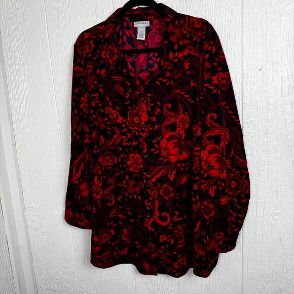 Catherines Button Front Red Black Floral Shirt Size 2X Dark Romantic 22/24W - Picture 3 of 6
